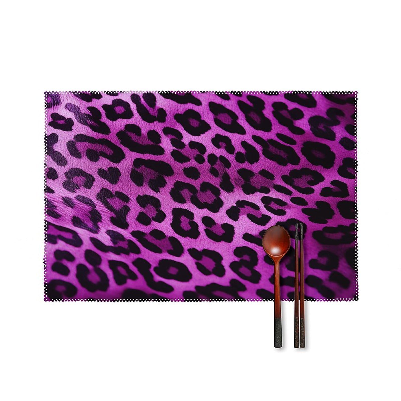 Purple Leopard Placemats Set of 6, 12x18 Inch Heat Resistant Washable Canvas Table Mats, Stain Resistant Decorative Dining Placemats for Kitchen, Restaurant, Outdoor Party