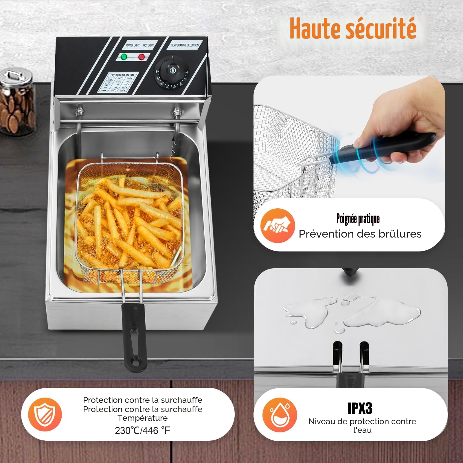 Friteuse électrique avec une capacité de 6 l - 2500 W - En acier inoxydable - Avec technologie de zone froide - Panier friteuse de cuisine de 60 à 200 °C - Régulateur de température indépendant