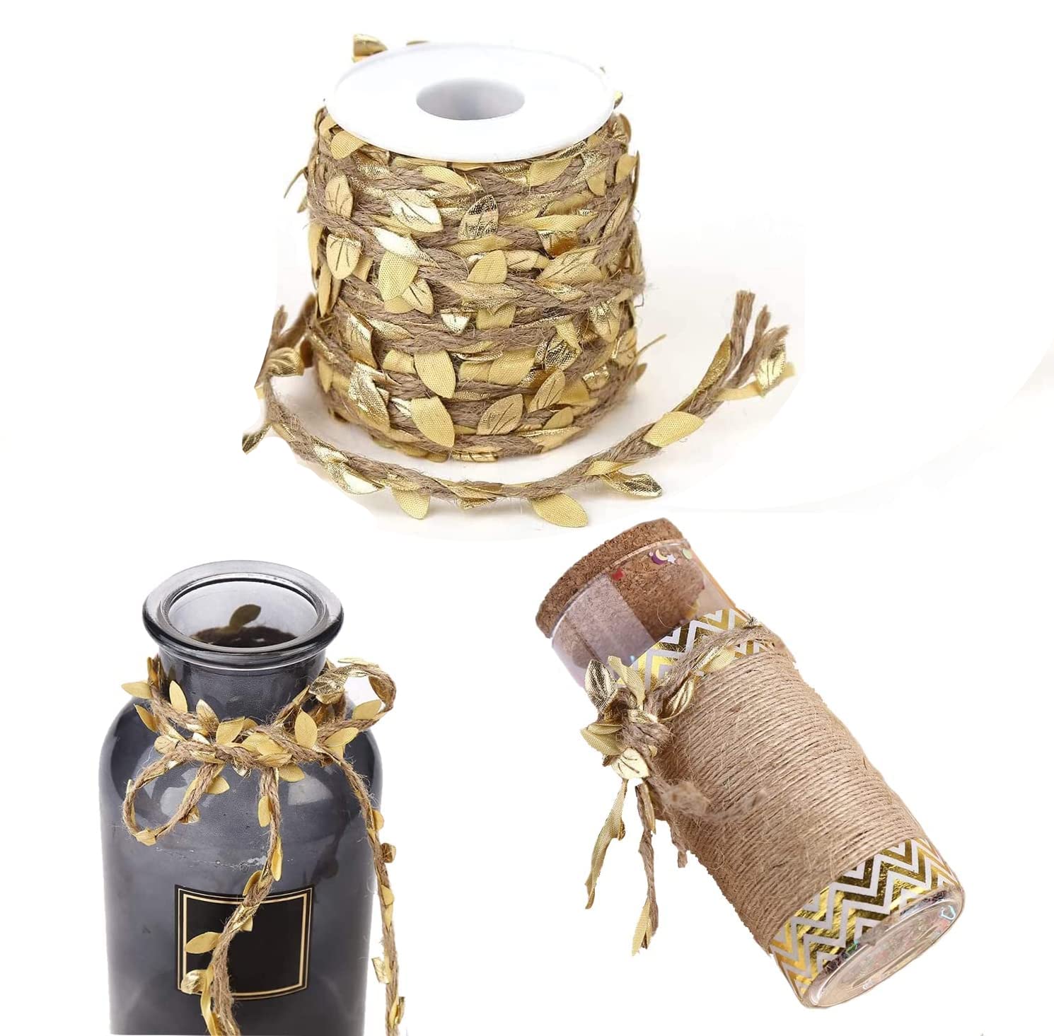 SYOSI Leaf Ribbon, Burlap Leaf Ribbon 45 Feet 5mm Natural Jute Twine with Artificial Leaves for DIY Crafts Wedding Gardening Party Home Decor (Gold, 1 Pieces)