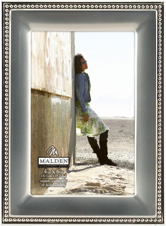 Malden International Designs 5294-46 Classic Silver Metal With Silver Beads 2-Tone Picture Frame, 4x6, Silver