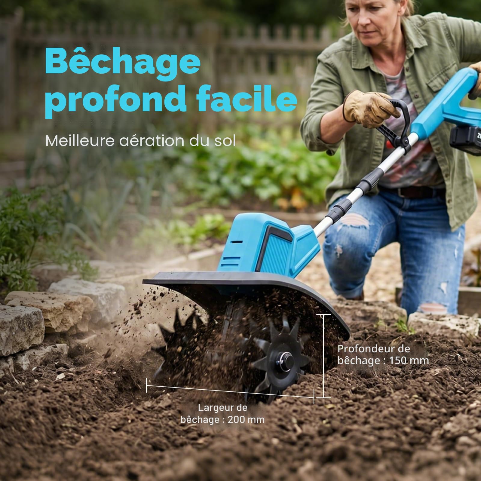 Hachoir de sol sans fil pour Makita 18 V, 550 W, profondeur de travail du sol, largeur d'usinage de 20 cm, 360 tr/min, profondeur de fraisage avec poignée supplémentaire réglable