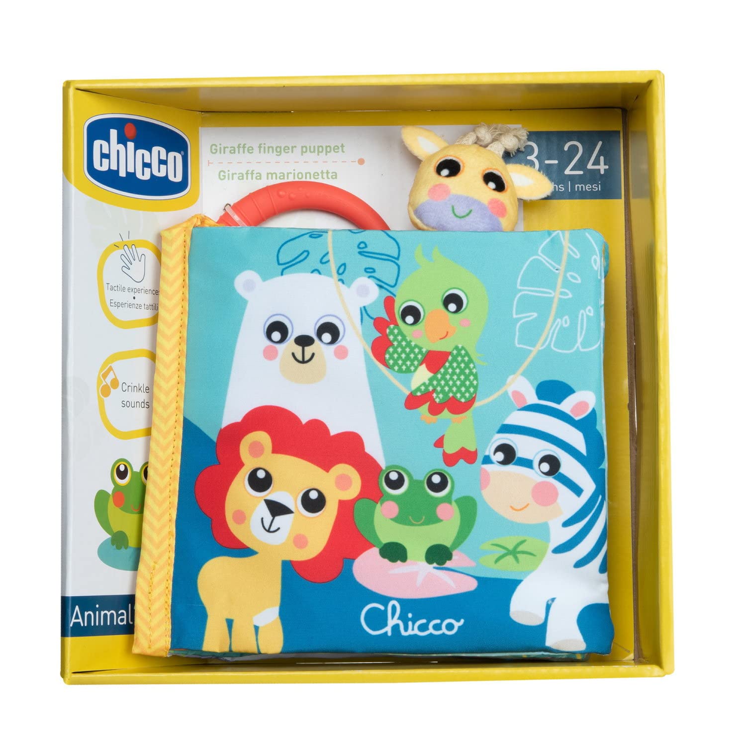 Chicco Książeczka Zwierząt, Książeczka Sensoryczna dla dzieci, Gry na Tkaninie, Książeczka z Miękkiej Tkaniny z Wieloma Atrakcjami i Pacynką, Gry dla Noworodków i dzieci 3 miesiące, 2 lata