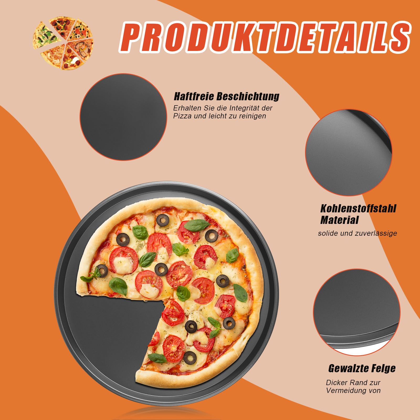 4 Stück Pizza Backblech Set, Pizzablech Rund ø 28 cm, Schwarzes Pizza Blech, Hitzebeständig für Pizzaofen & Backofen bis 230 Grad, Runde Pizzaform
