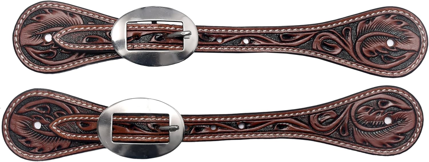 BLACK HOOF Floral Tooled Leather Spur Straps for Horse Riders | Western Men, Women, Adjustable Single Ply Spur Straps | Equestrian Accessories