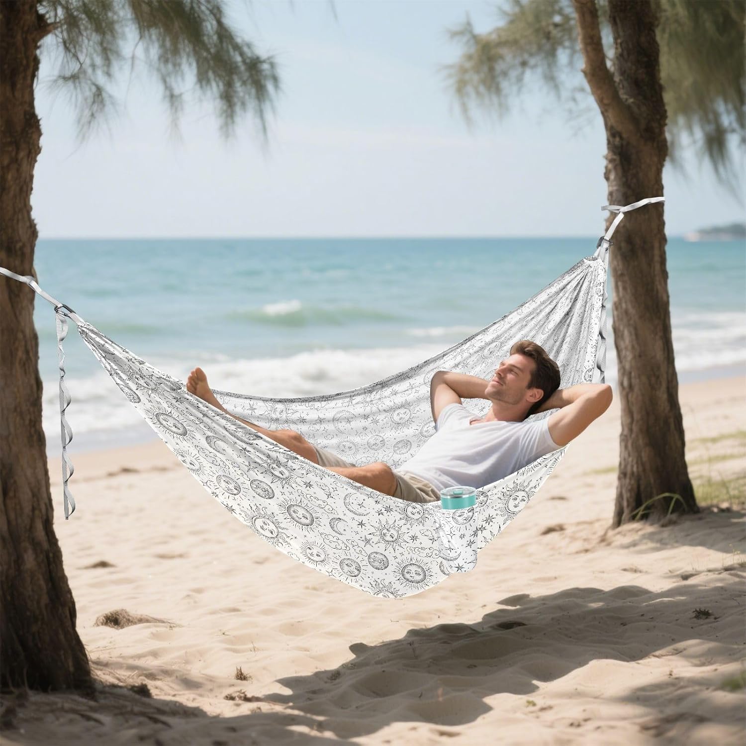 ALAZA Sun Stars Crescent Moon Cloud Camping Hammocks Single or 2 Person 500 lbs Portable Parachute Travel Hammock w/Tree Straps for Hiking Backpacking Indoor Outdoor