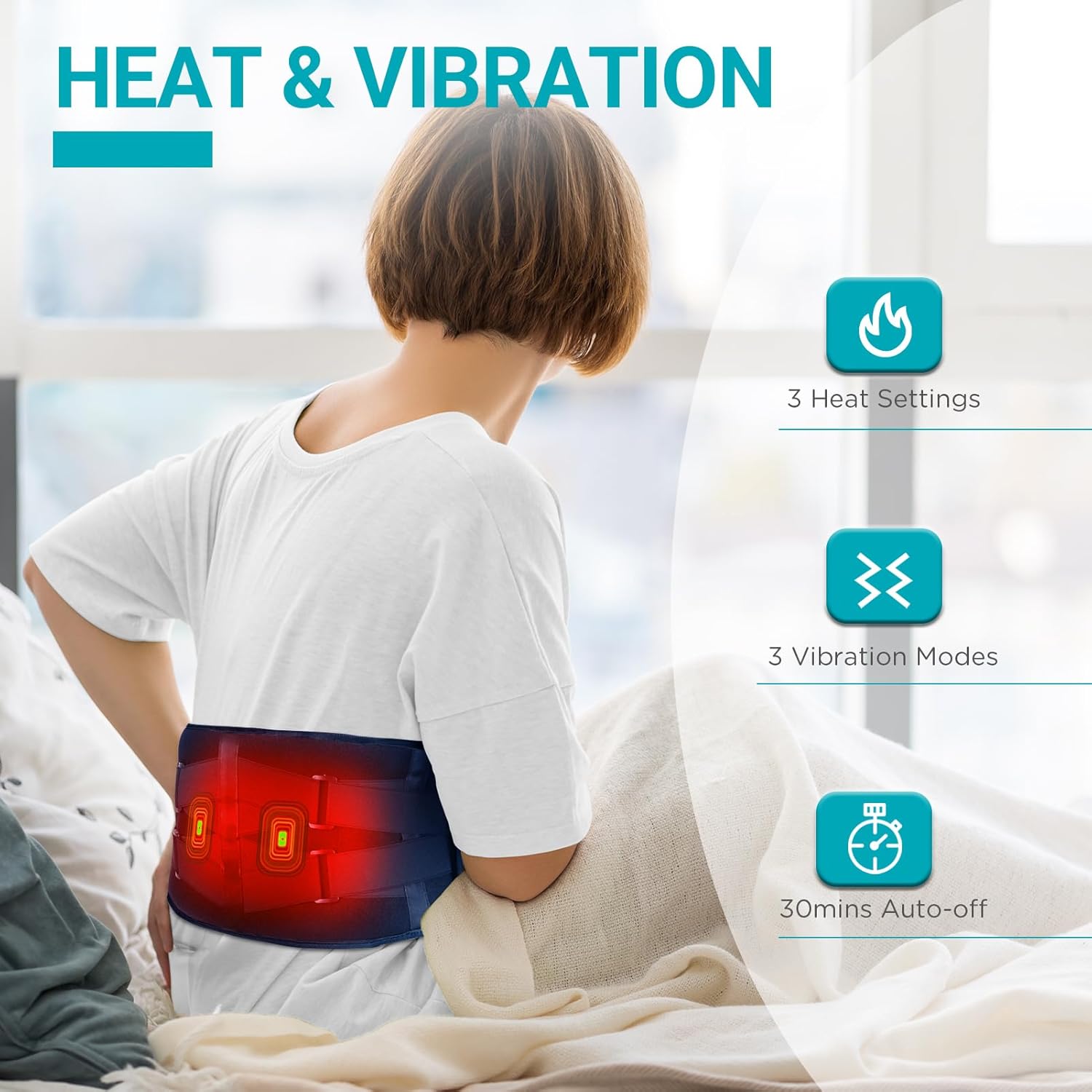 Comfytemp Cordless Heating Pad with Massager for Back, Portable Lower Back Massager FSA Eligible HSA Rechargeable Wireless Electric, Birthday Gifts for Women Men Mom Dad Seniors 3 Heat 30Auto-Off Blue - Image 3