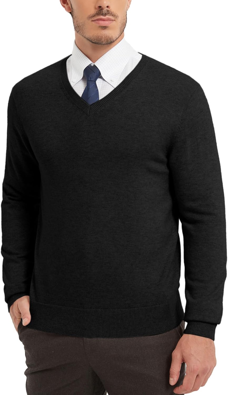 Kallspin Men's Wool Blend V-Neck Sweater Relax Fit Knit Pullover for Fall Winter