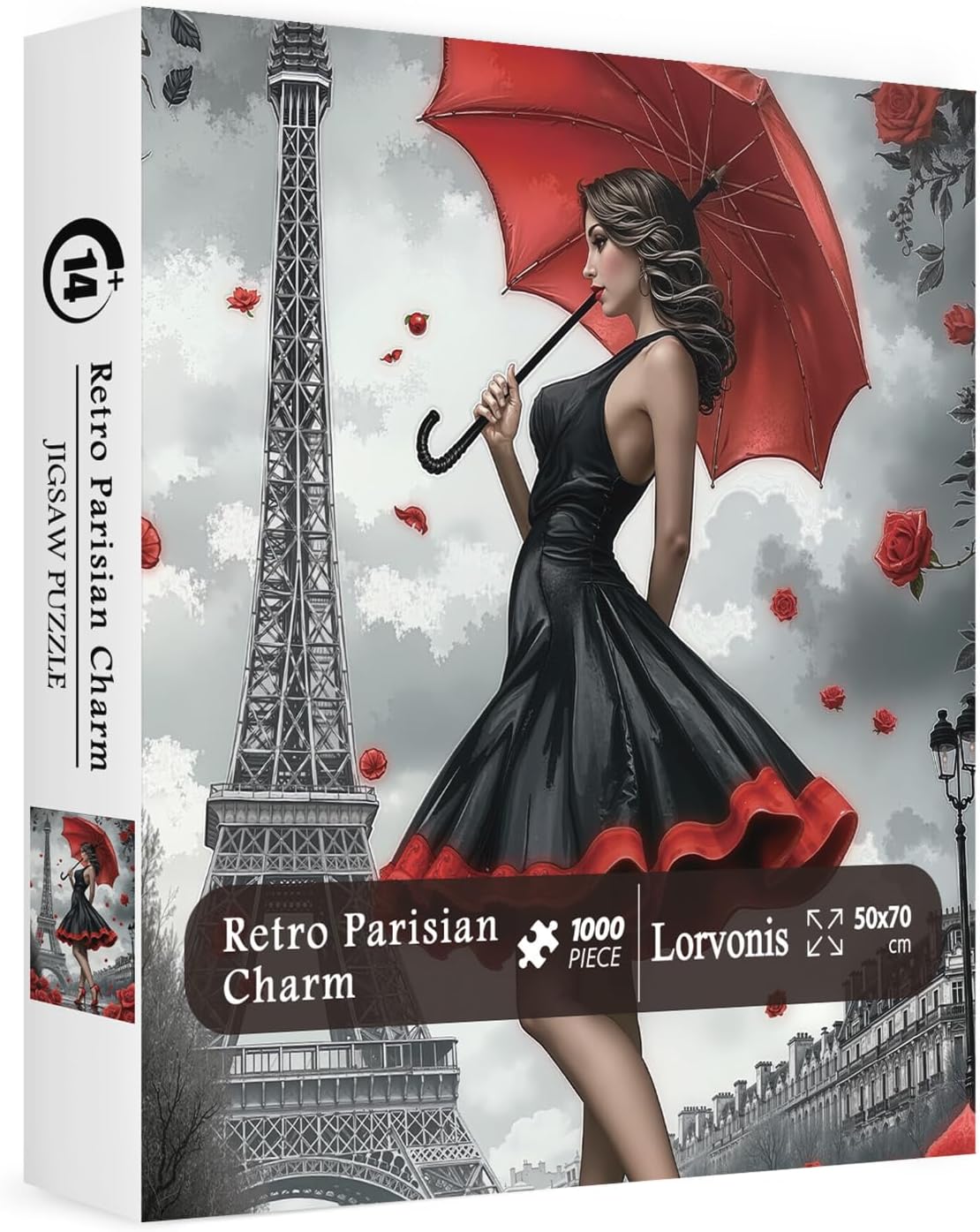 Paris Flower Woman with Umbrella Puzzles for Adults 1000 Pieces, Eiffel Tower Beautiful Girl Jigsaw Puzzles, Challenging Retro Art Puzzles