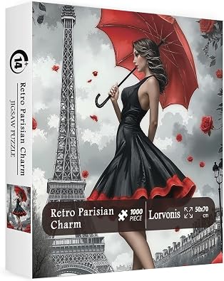 Paris Flower Woman with Umbrella Puzzles for Adults 1000 Pieces, Eiffel Tower Beautiful Girl Jigsaw Puzzles, Challenging Retro Art Puzzles