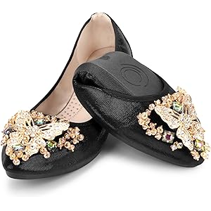 KUNWFNIX Women Ballet Flats Rhinestone Wedding Ballerina Shoes Foldable Sparkly Comfort Slip on Flat Shoes 11 #03-black