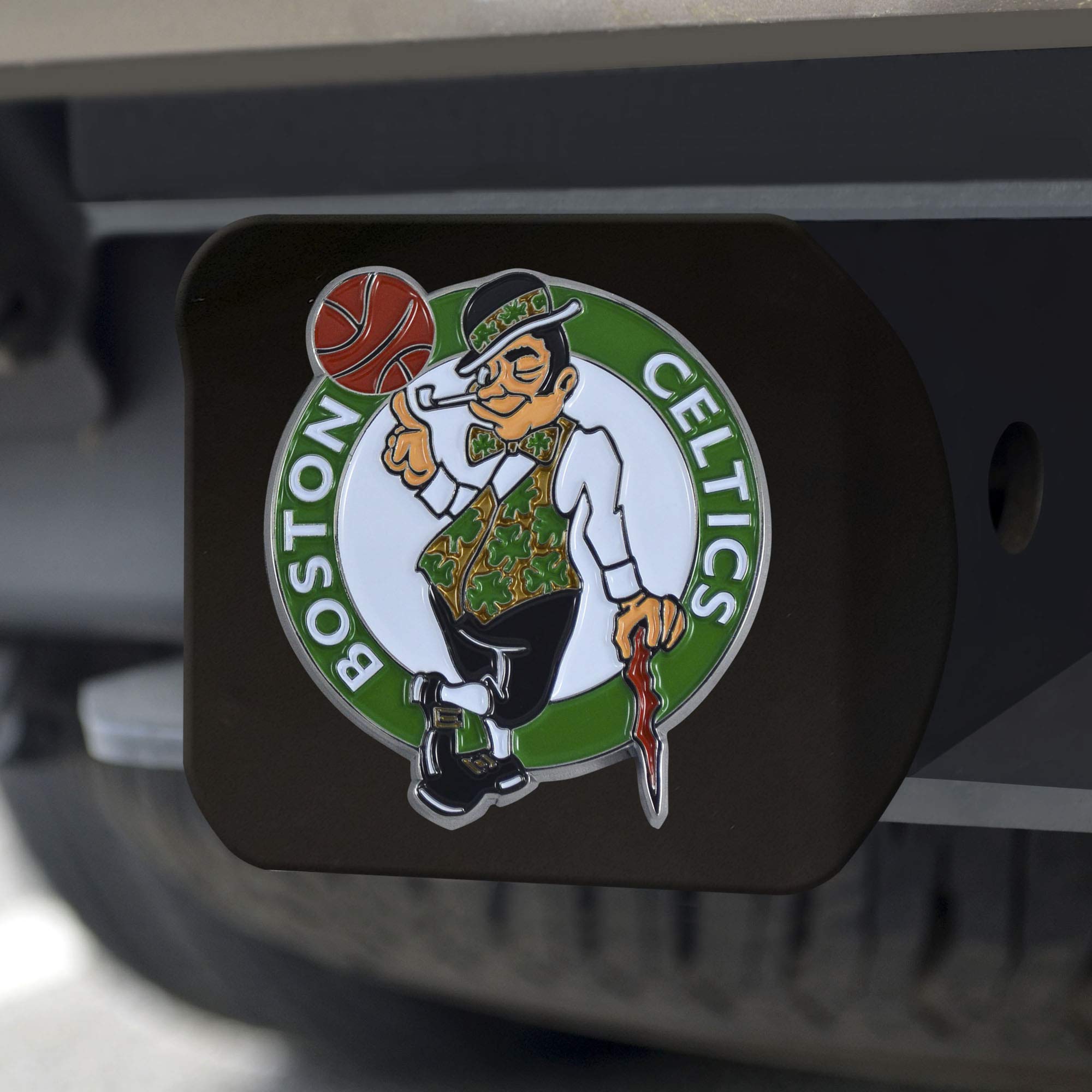 FANMATS 22720 Boston Celtics Black Metal Hitch Cover - with Metal Chrome 3D Logo Emblem – Easy Installation on Truck, SUV, Car - Ideal Gift for Die Hard NBA Fan