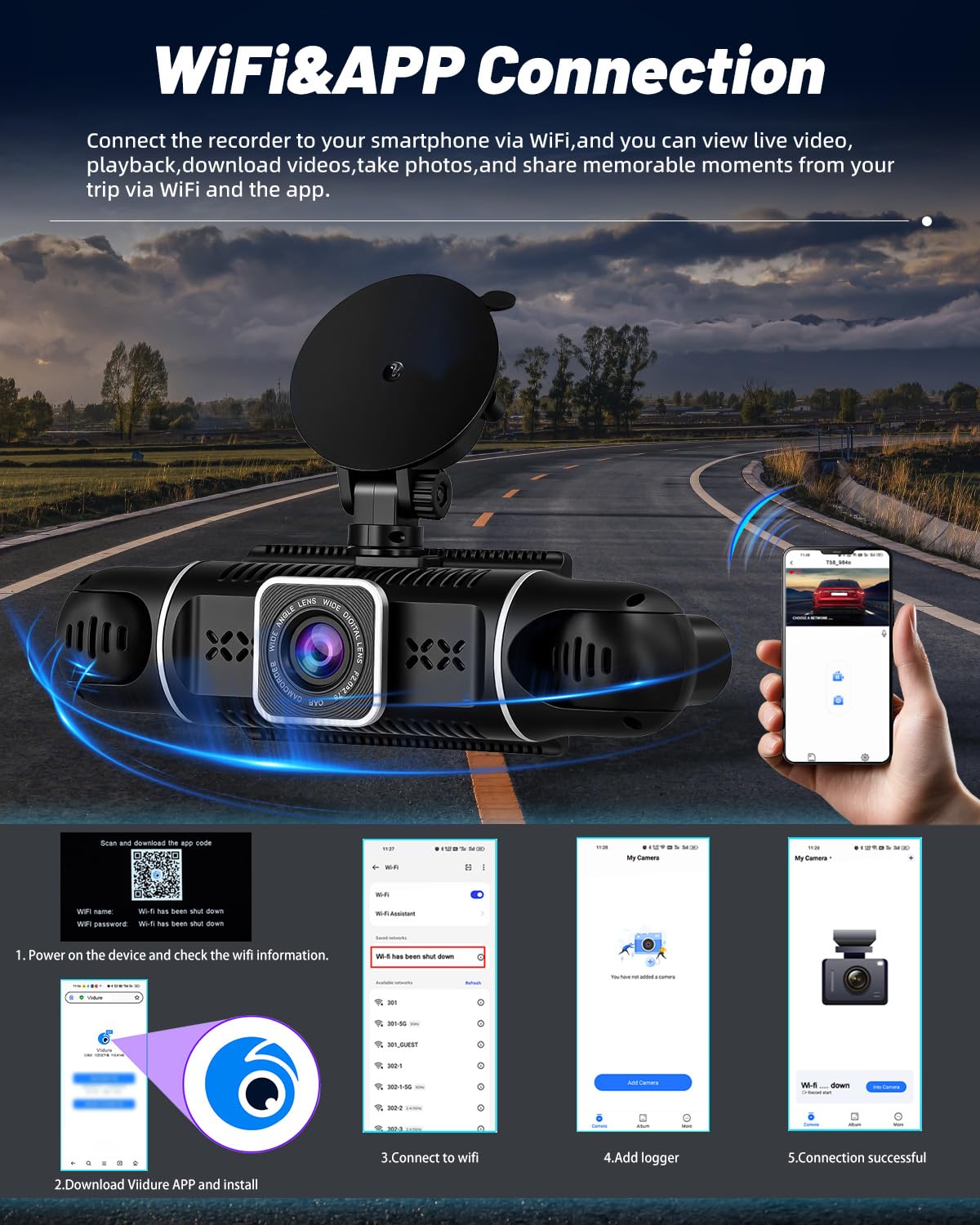 NHOPEEW Cámara para salpicadero WiFi 2K de 3 Pulgadas, 4 Canales, 360° + 1080P Interior Izquierda y Derecha + cámara Trasera, cámara para salpicadero con Sensor G, visión Nocturna, grabación en Bucle