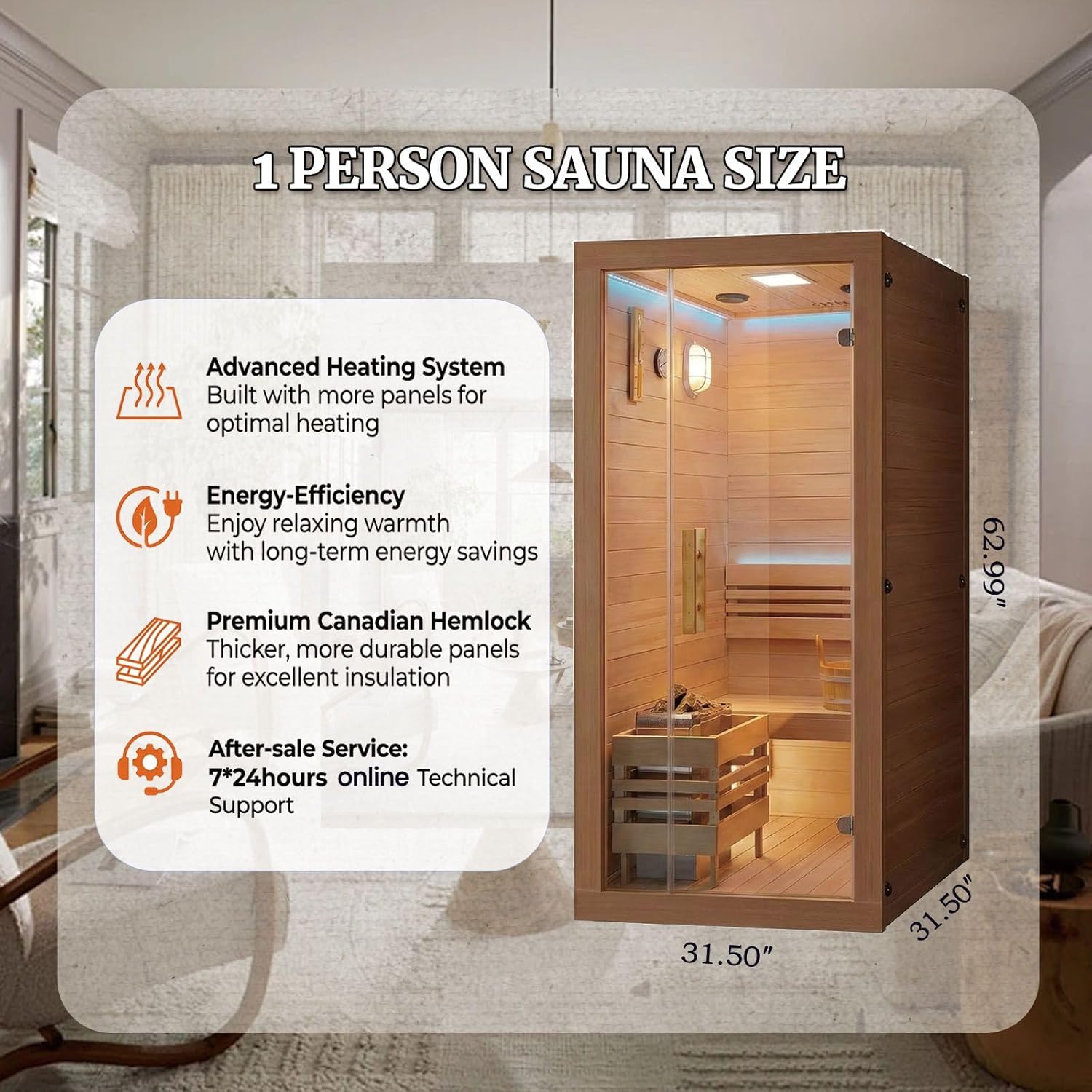 3000W 1 Person At Home Sauna, Traditional Indoor Sauna Barrels, Canadian Centennial Hemlock Wood Sauna with Bluetooth for Meditation, Relaxation, Beauty&Family Health