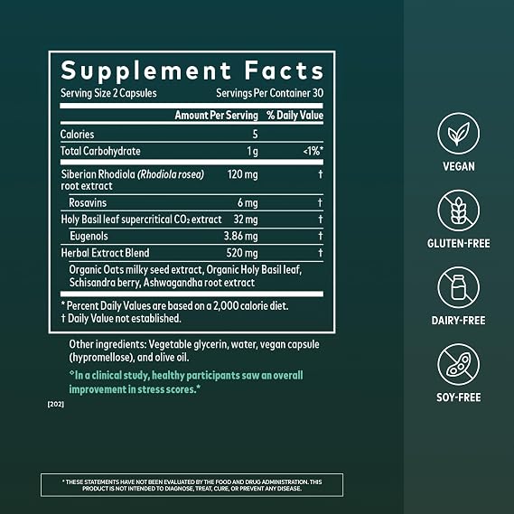 Gaia Herbs Adrenal Health Daily Support - Herbal Supplement with Ashwagandha, Holy Basil & Schisandra - Help Maintain Healthy Energy & Stress Levels* - 60 Vegan Liquid Phyto-Caps (30 Servings)