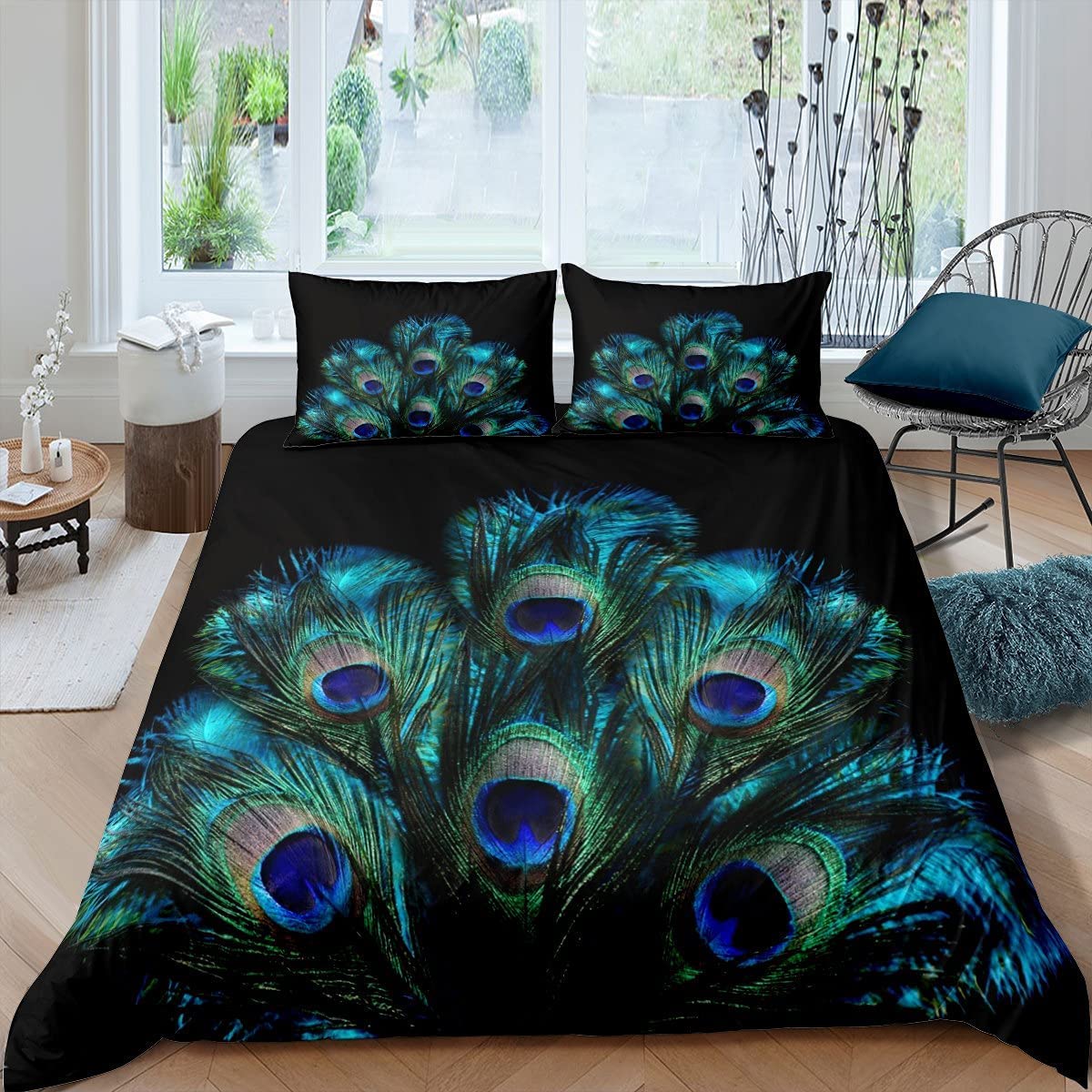 Homewish Peacock Feather Duvet Cover Wild Animal Comforter Cover For Boys Girls Youth,Wildlife Bedding Set Fashion Novelty Luxury Bedspread Super King Blue Green Teal Black
