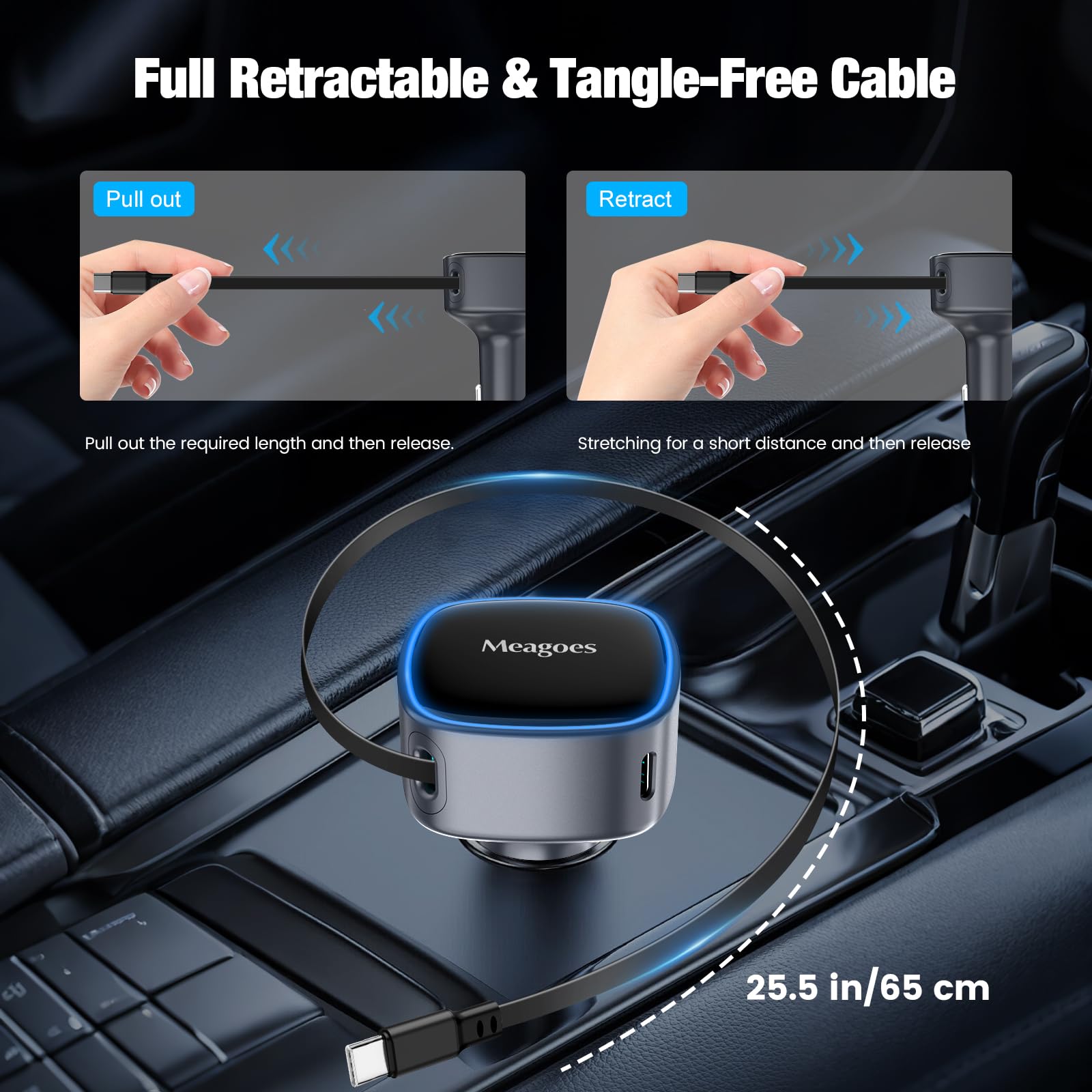 Cargador de coche retráctil USB C, adaptador de coche súper rápido de 90 W para iPhone 17 Pro Max/Air/16/iPad/Galaxy S26, accesorios USB C para teléfono Android, adaptador dual de 45 W PPS para
