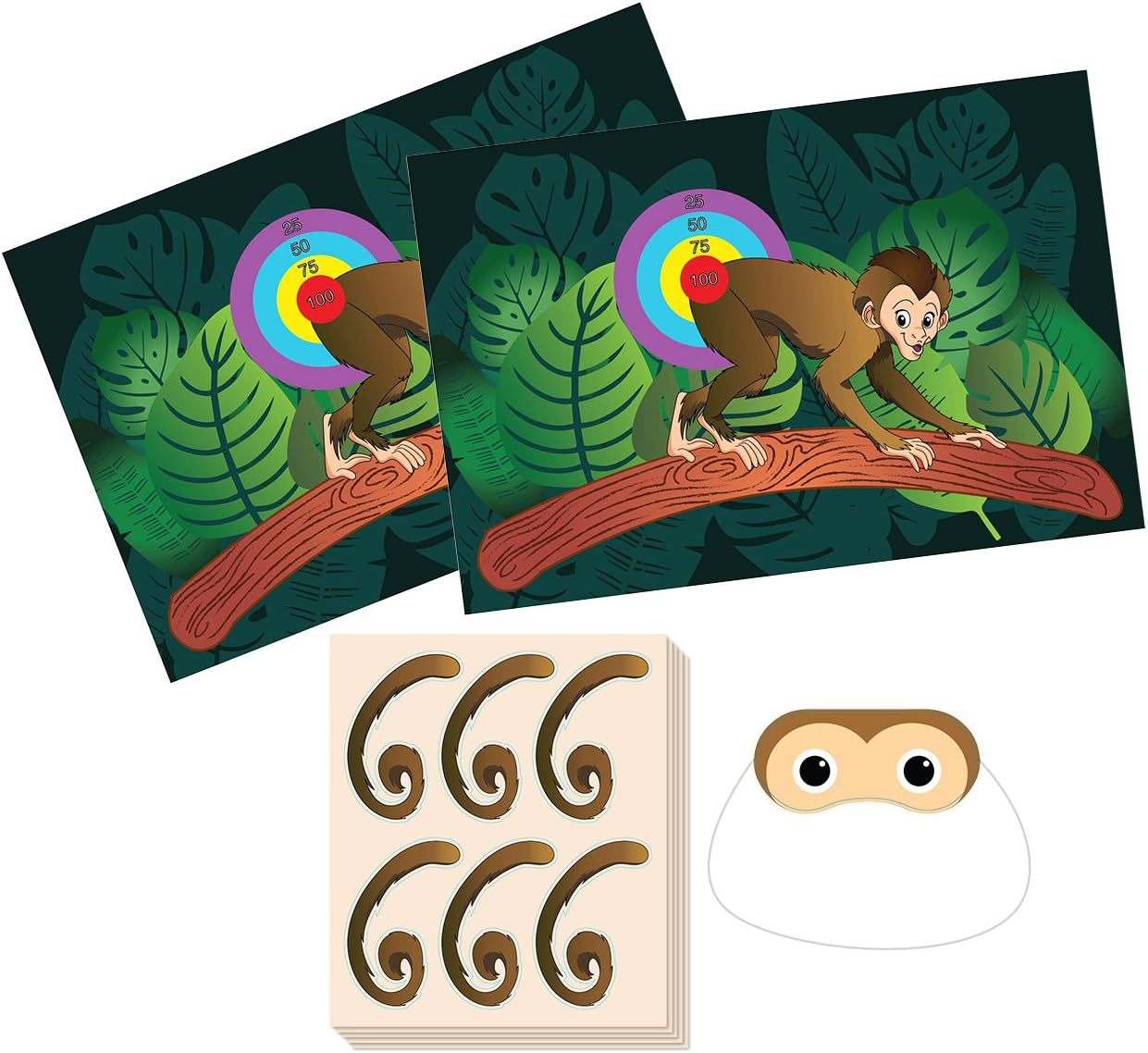 Pin The Tail on The Monkey Birthday Game - Jungle Theme Party Supplies, Zoo Party Favors, Fun for All Ages, 2 Game Posters, 1 Blindfold Mask, 5 Sheets, 30 Tail Stickers