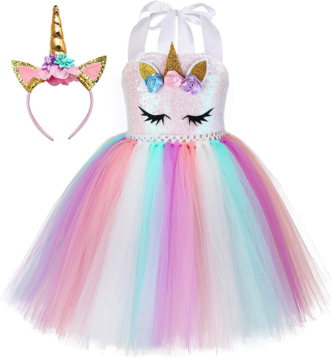Vestido de unicornio de lentejuelas hecho a mano para niñas de 1 a 10 años con diadema, vestidos de fiesta de baile de cumpleaños