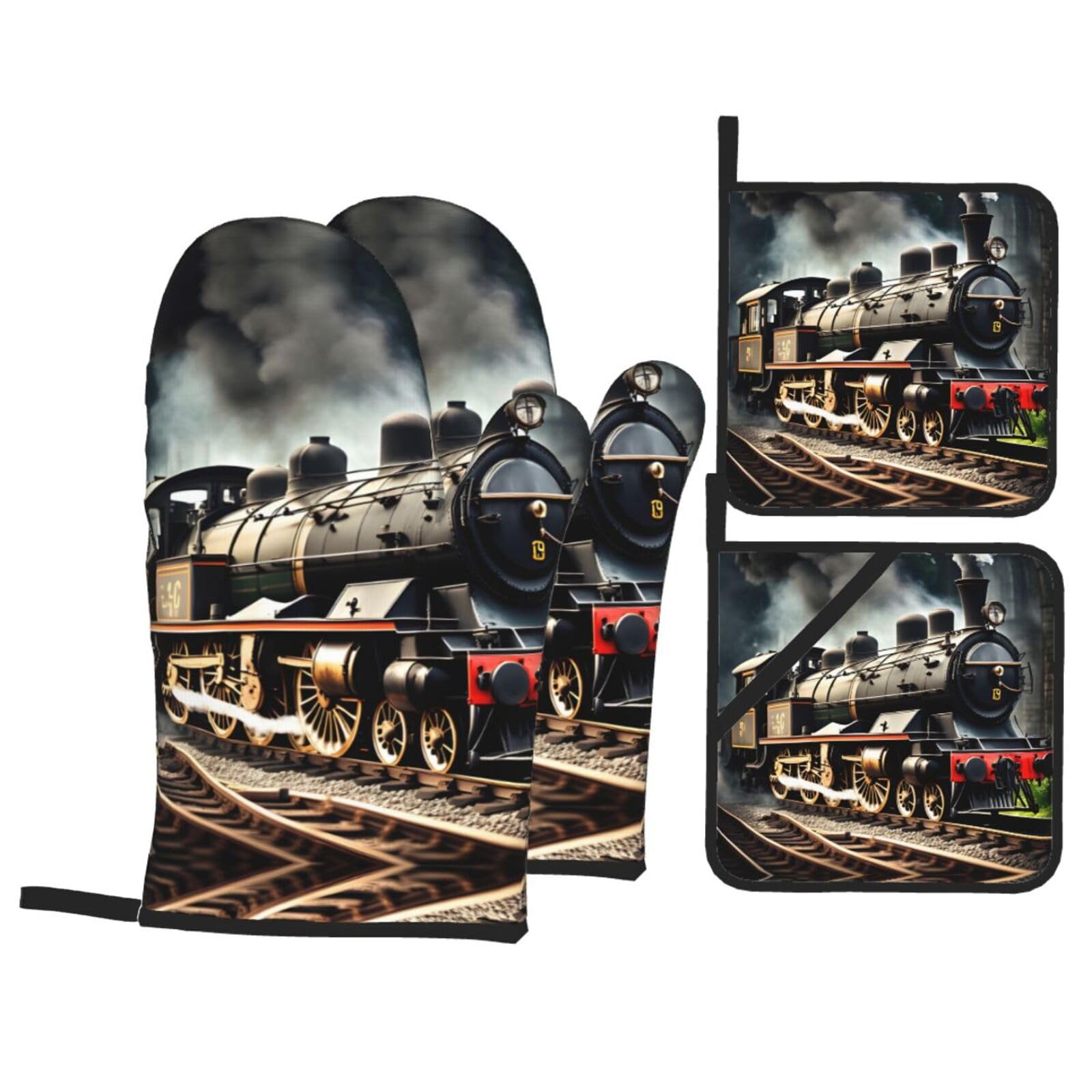 Nimongt Black Steam Locomotive Train Print Heat-Resistant 4-Piece Oven Kitchen Gloves For Baking Cooking Microwaving Essentials