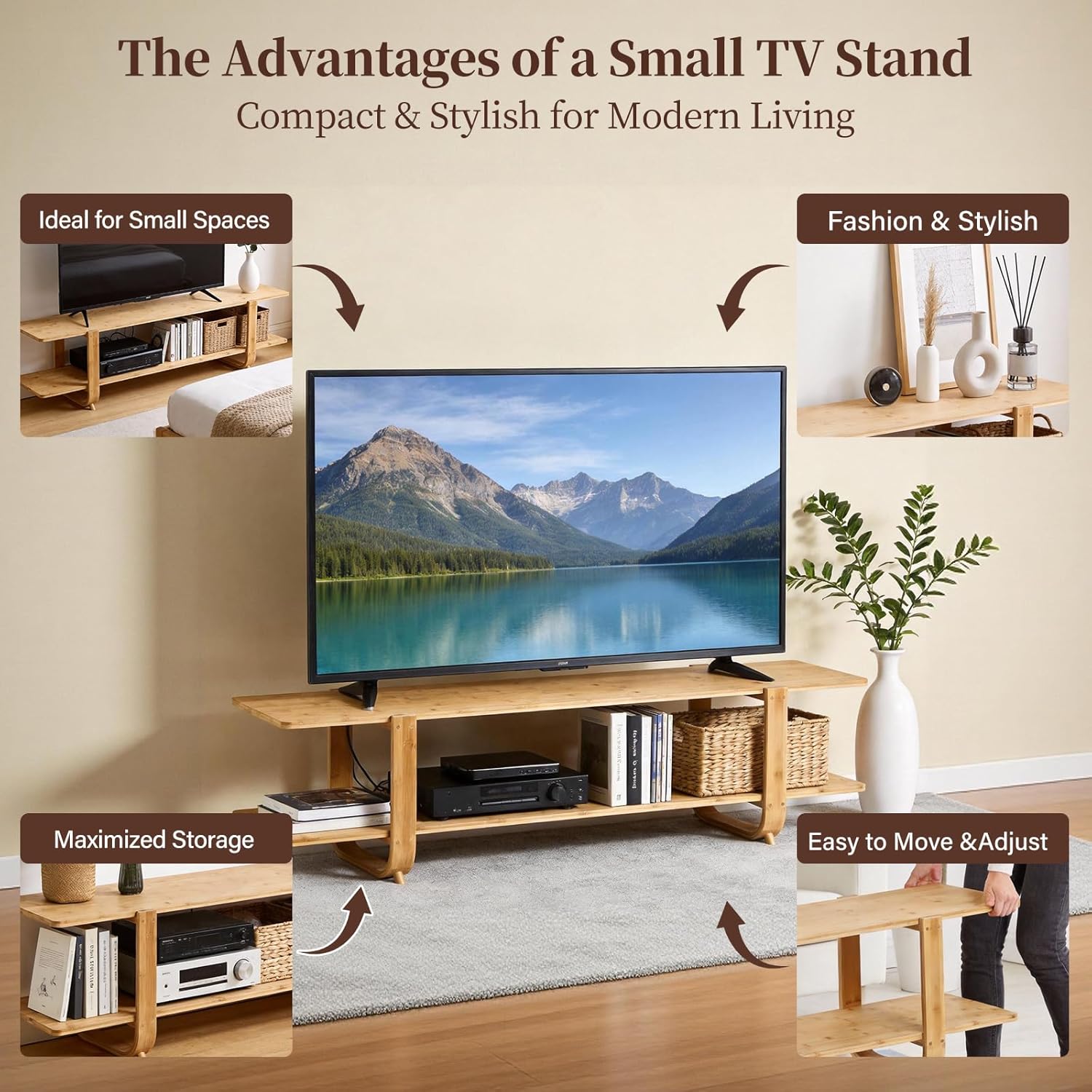 Tiita Bamboo TV Stand for 55 Inch TV, Entertainment Center with 2 Open Shelf, Mid Century Modern Media Console for Living Room, Bedroom, Wood