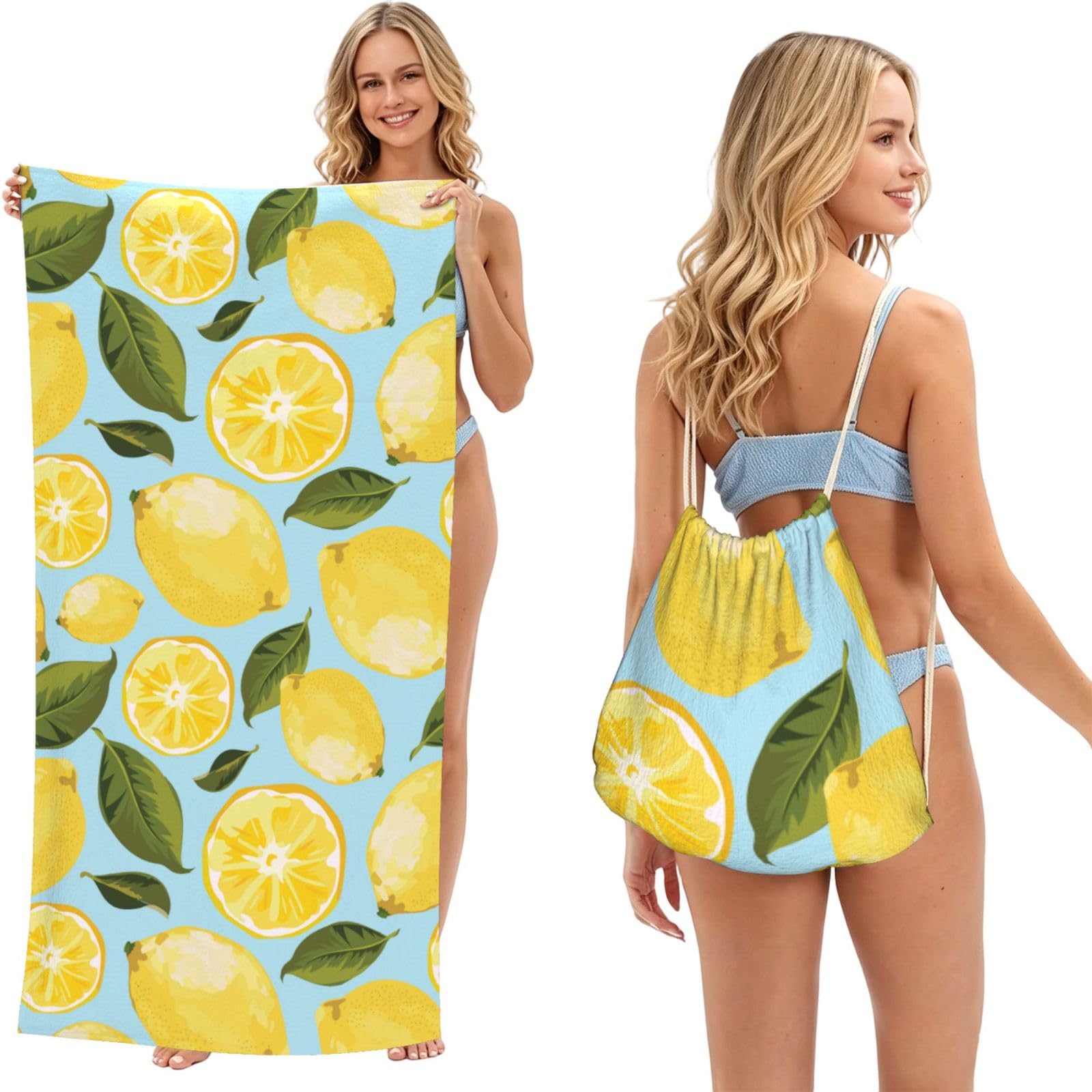 Poadnly Yellow Lemon The Arts, 2 in 1 Packable Towel Bag, Beach Towels with Drawstring Backpack for Travel Holiday Camping