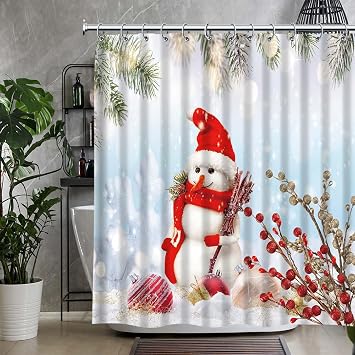 QZJDX Christmas Shower Curtain for Bathroom Happy Snowman Christmas Balls Pine Branches Winter Snow New Year Decor Polyester Fabric Bath Curtains 70"x70"