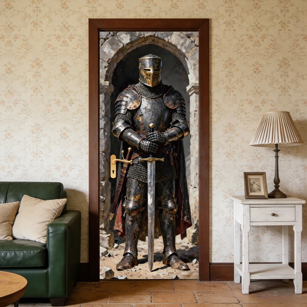 CRAFTYMELODY Door Sticker Peel Stick Removable Self Adhesive Door Mural Decal Vinyl PVC Waterproof Door Cover Wallpaper for Home Office Shop Decoration 31.48×78.74 Inch Medieval Knight