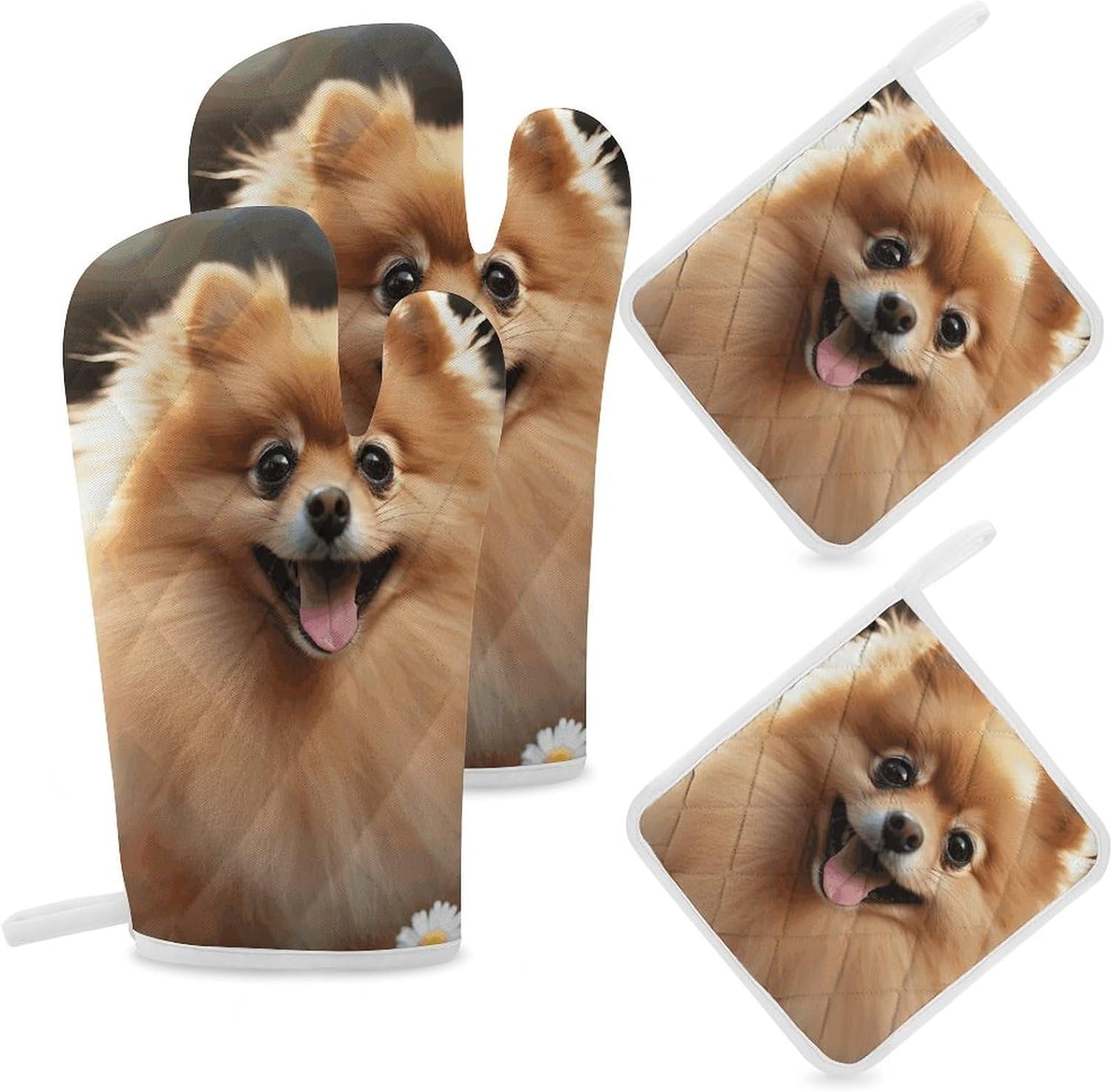 4-Piece Oven Mitts and Pot Holders Set Pomeranian Dog Printed Heat-Resistant Polyester Kitchen Gloves and Potholders Comfortable & Durable for Cooking Baking and Grilling