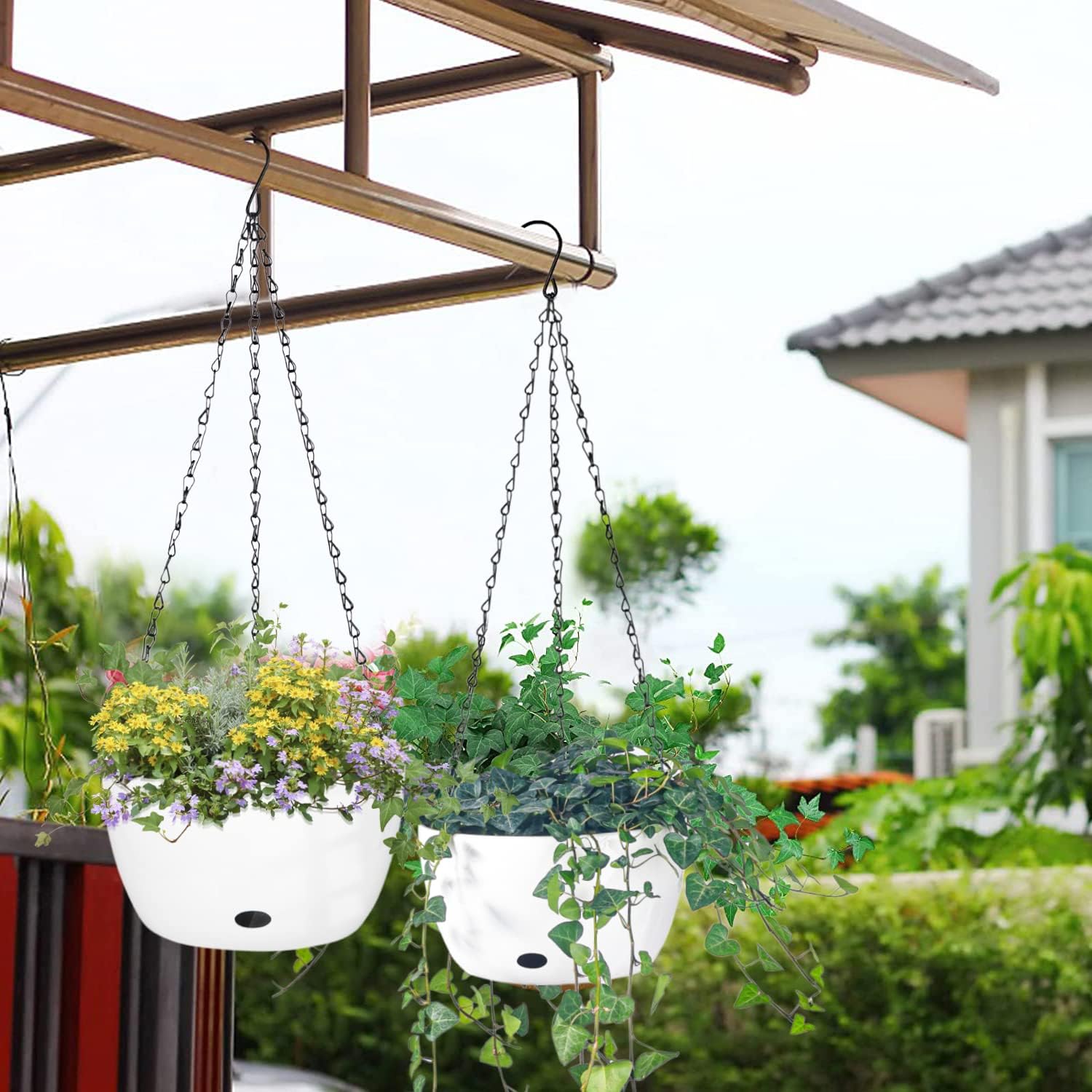 Sungmor Self Watering Hanging Planter for Indoor Plants, 9.4" & 11.2" 2-PACK Large White Plastic Hanging Basket, Garden Flower Pots with Hanging & Standing Design, Thickened Sturdy Drainage Plant Pots
