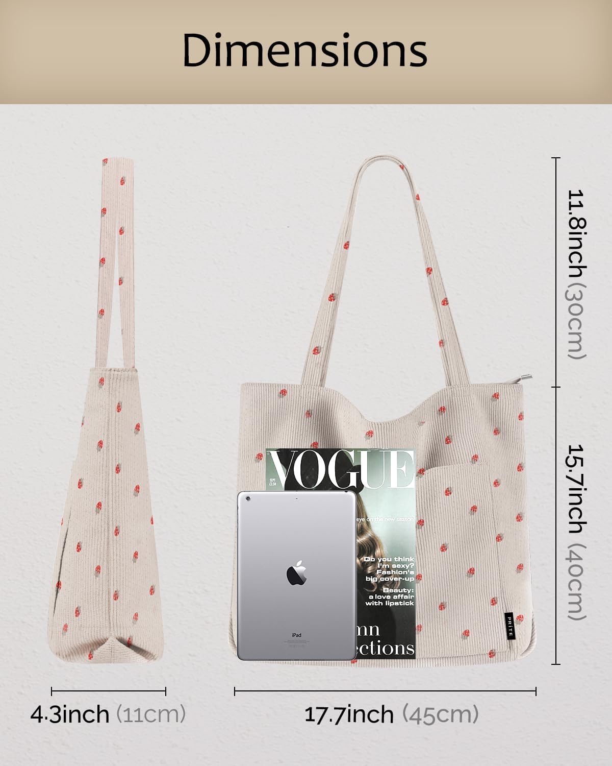 Prite Corduroy Tote Bag for Women Large Shoulder Bag with Zipper and Pockets for College Work Travel Shopping - Image 4