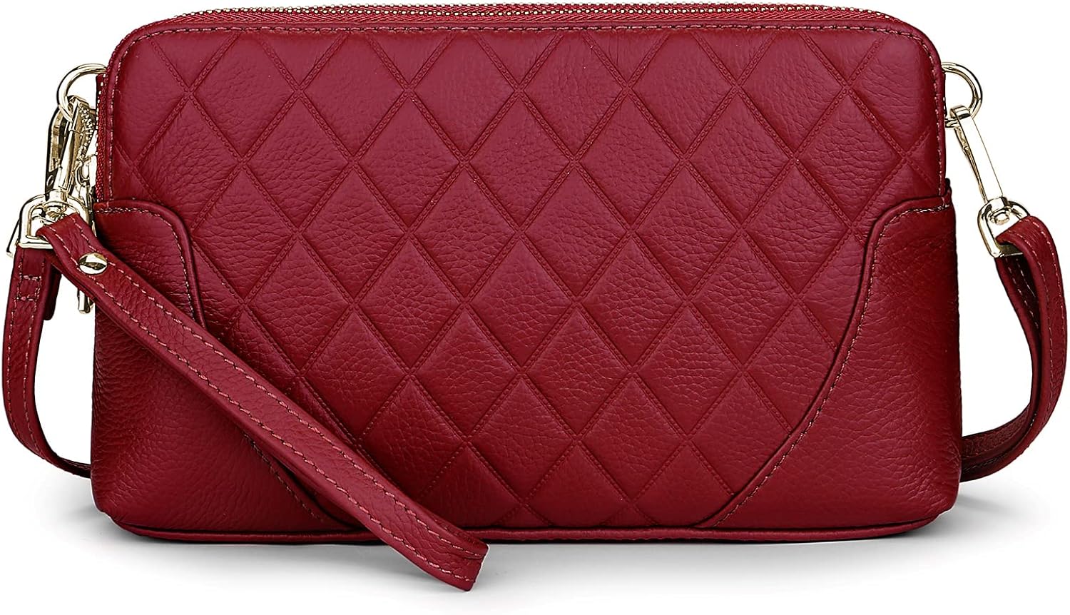 YALUXE Womens Wristlet Real Leather Quilted double zippers Large Clutch Wallet Shoulder Strap X-red