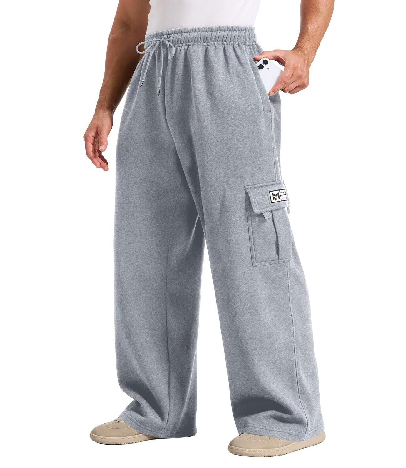 Cargo Sweatpants for Men Fleece Wide Leg Baggy Sweat Pants Men with Pockets | Fleece Lined Sweat Pants,Two Deep Pockets,Wide Leg Pants Men,Loose Fit Joggers,Soft Fabric,Heavyweight,Lounge,Streetwear
