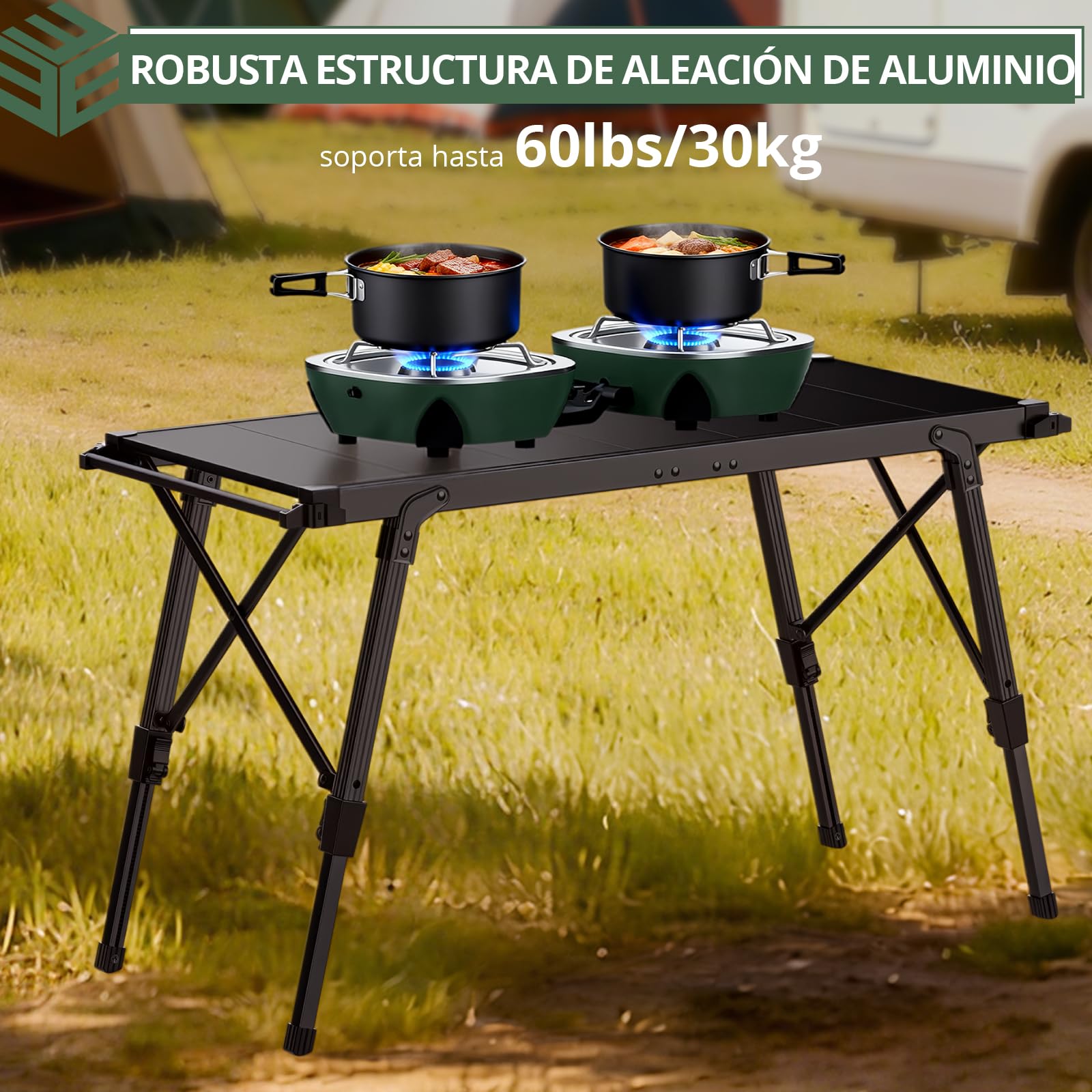 EYPINS Mesa Plegable Camping IGT(3.5 unidades) 88x38cm,Altura Ajustable Continua 38-55cm,con Barra Lateral Colgante,Combina Estufas Parrillas y Cajas de Almacenamiento para Camping Autocaravana Picnic