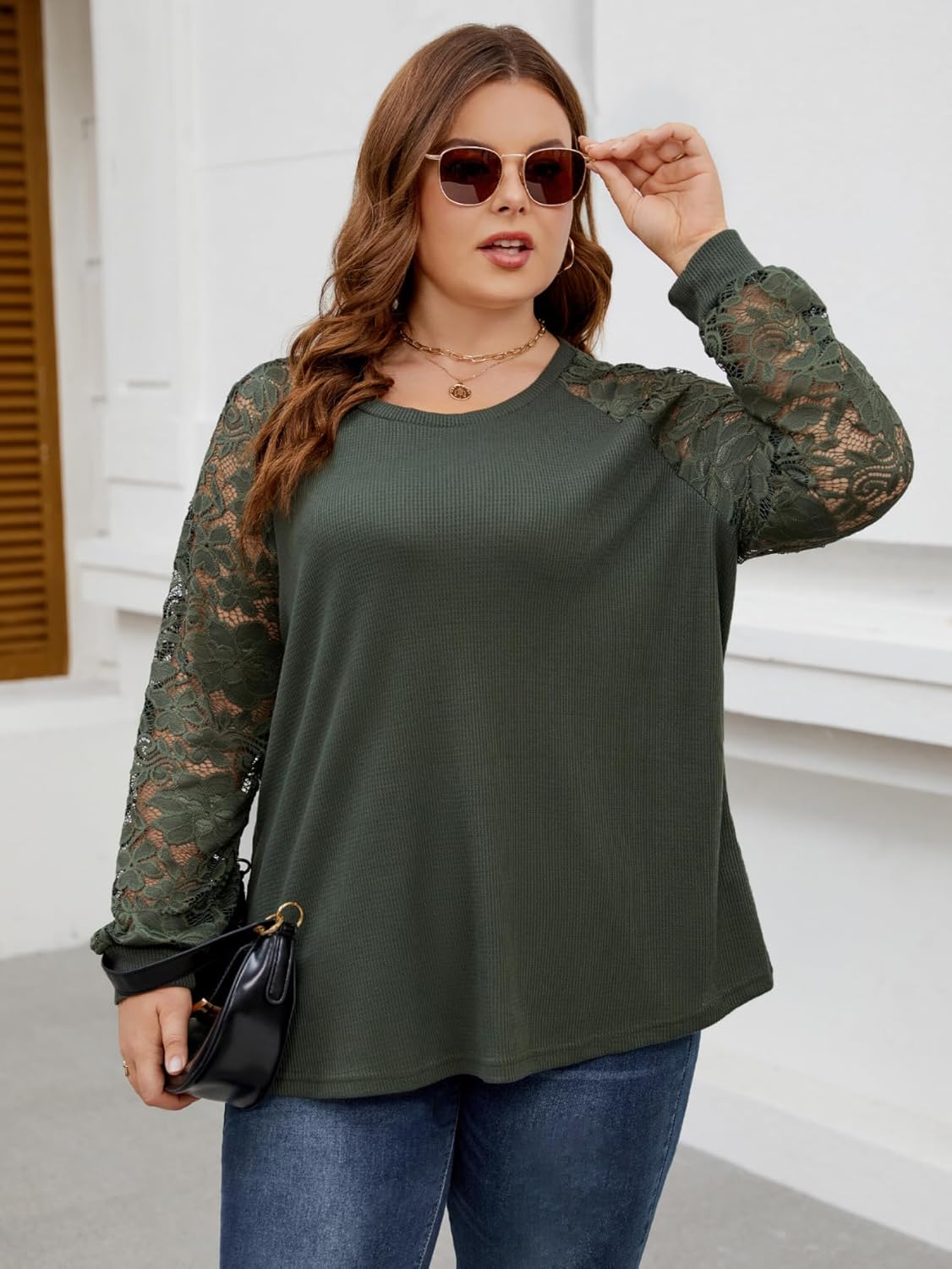 SCOMCHIC Plus Size Tops for Women Elegant Lace Long Sleeve Blouses Crew Neck Fall Dressy Shirts Loose Casual Tunics Tops - Image 6