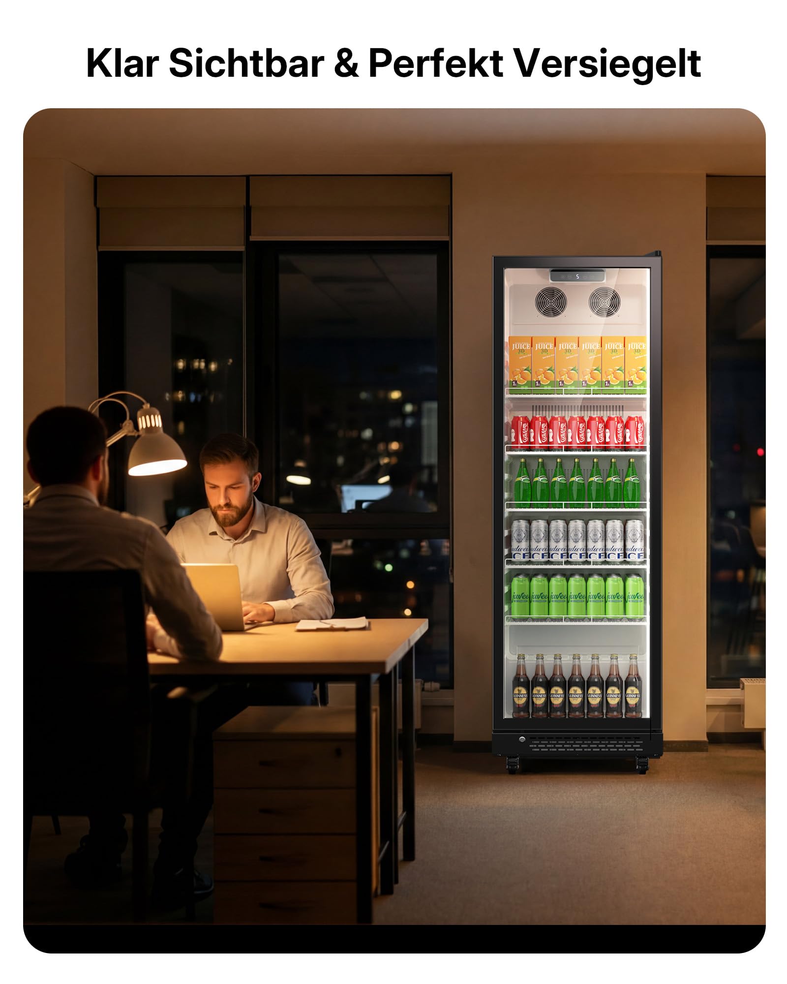 Upstreman 345L Getränkekühlschrank mit Glastür, LED-Beleuchtung, höhenverstellbaren Regalen, Sicherheitsschloss, Lenkrollen, D345 Schwarz