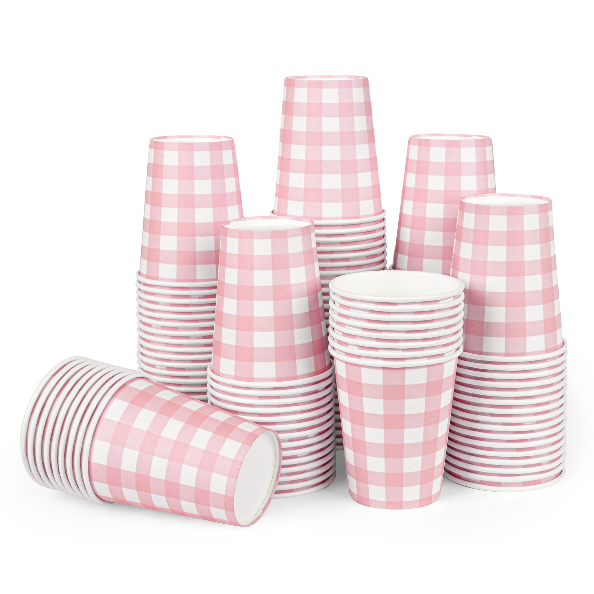 120pcs 9oz Gingham Party Paper Drinking Cups, Pink Disposable Plaid Paper Cups Checkered Cups for Wedding Birthday Decoration Fiesta Baby Shower Picnic