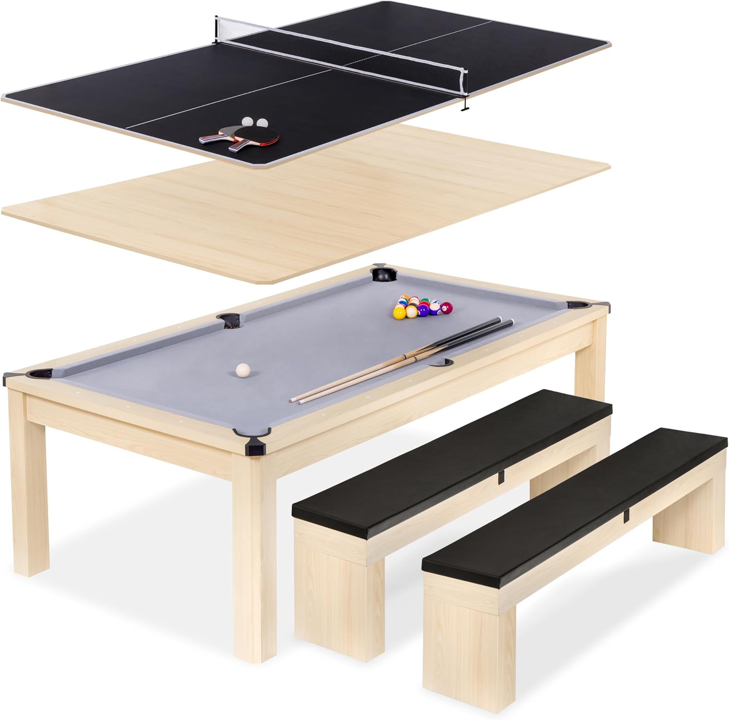 GoSports 8 ft 3 in 1 Pool, Dining, & Table Tennis Combo Table with 2 Benches - Light Birch