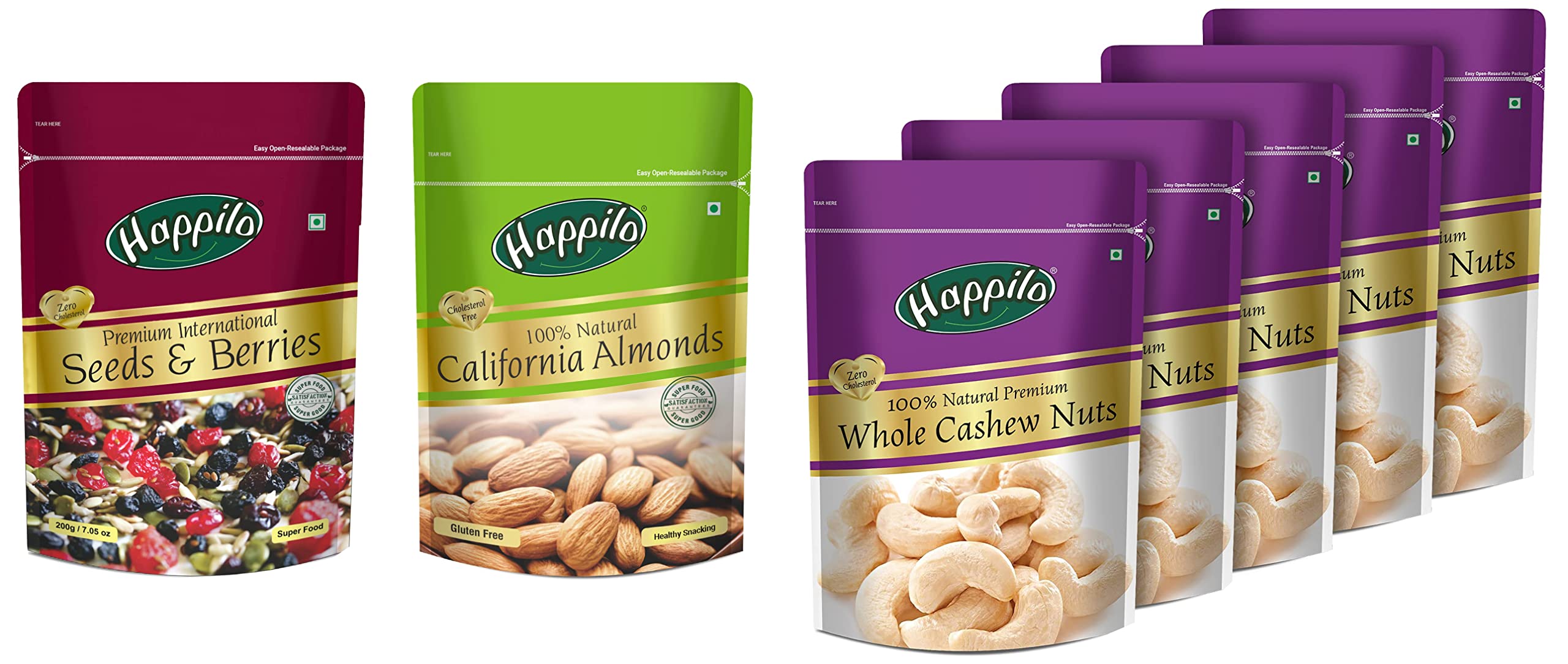 Happilo 100% Natural Premium Californian Almonds,Dried,200g & Premium International Whole Seeds & Berries Pouch, 200 g & Premium 100% Natural Whole Cashews, 200g (Pack of 5) (B09VGWHTFK) Amazon Price History, Amazon Price Tracker