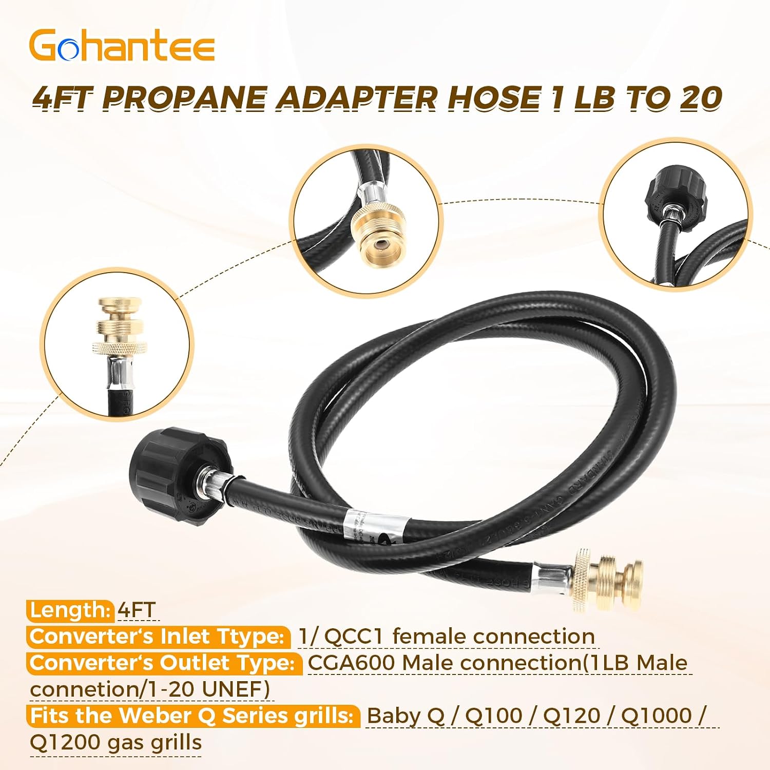gohantee 80477 Gas Grill Valve Regulator Compatible with Weber Q100 Q120 Series, 4FT Propane Adapter Hose 1lb to 20lb Propane Hose with Grill Regulator Replace 516002, 516501, 386001, 386002