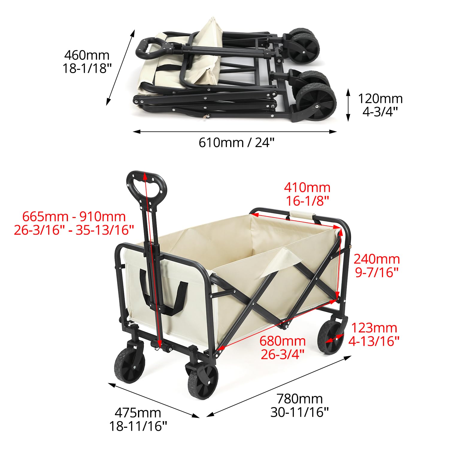 QWORK® Faltbarer Bollerwagen zum Campen, Strandwagen Transportwagen mit Verstellbarem Griff und Seitentasche, Belastung bis 80KG