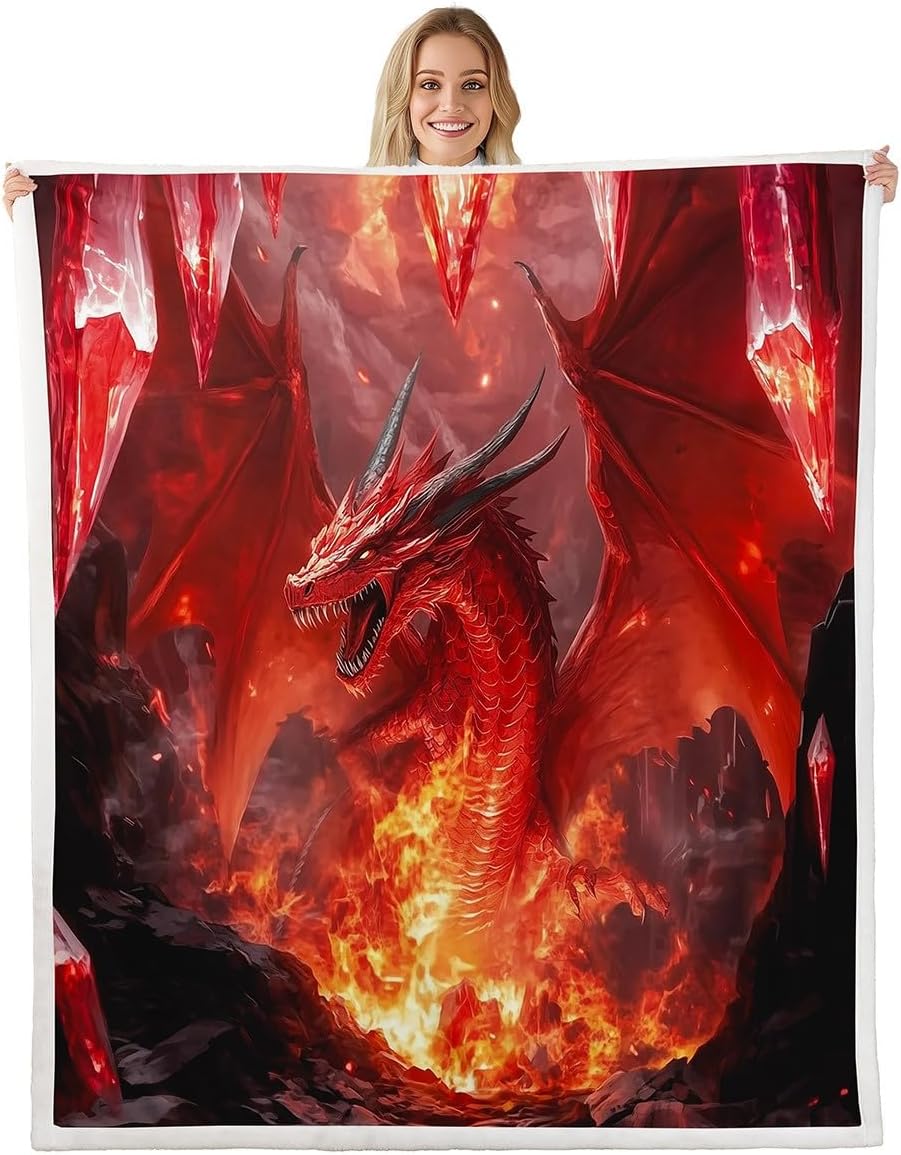 Wild Animals Cool Magical Style Fleece Blanket,Glowing Flame Dragon Throw Blanket for Sofa Adults,Dragon Soft Blanket Bed Couch,Queen (90 x 90 Inches)