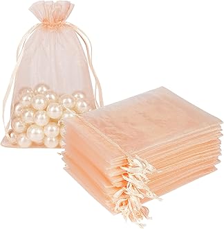 HRX Package 100pcs Blush Peach Organza Bags, 4 x 6 inch Mesh Jewelry Drawstring Bag Small Gift Pouches for Wedding Candy Party Favor