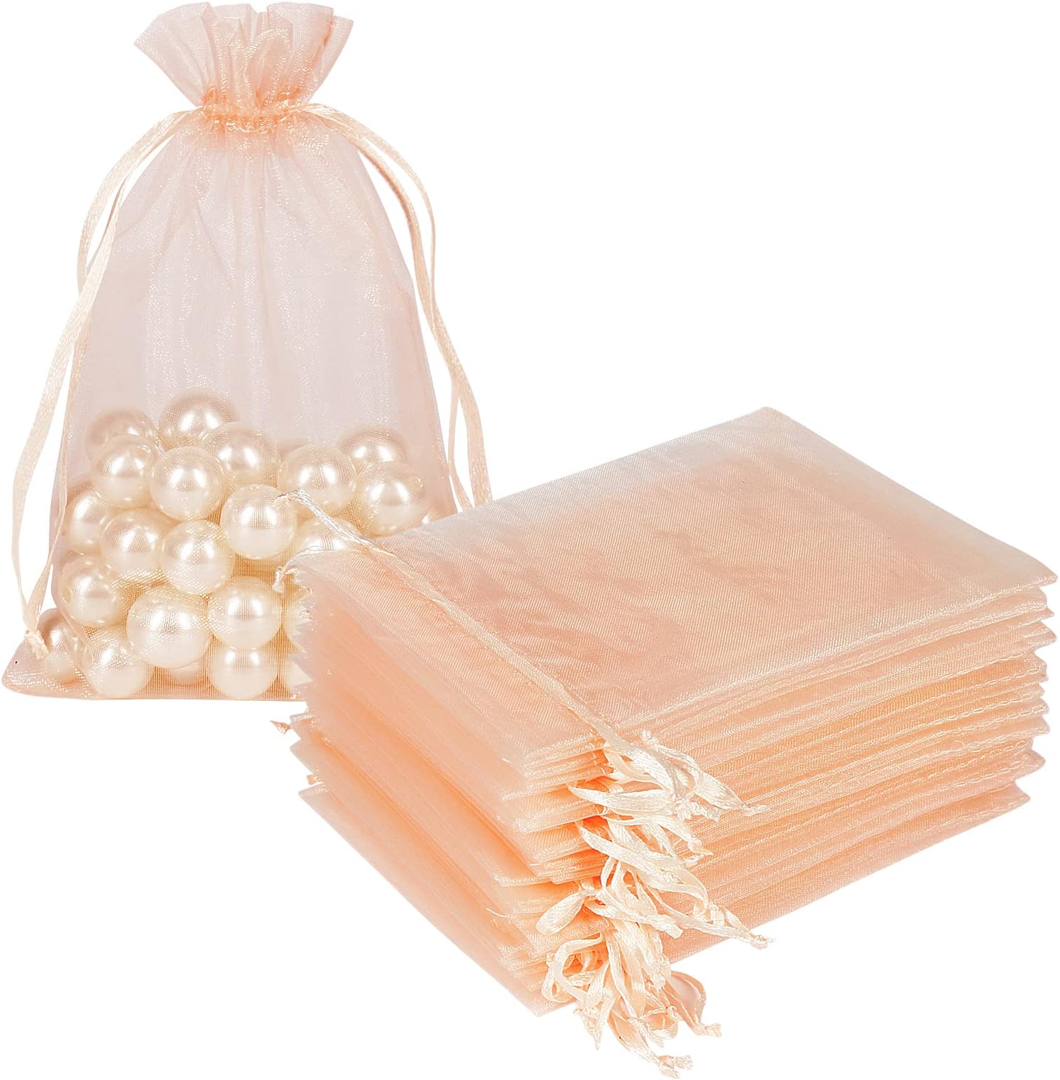 HRX Package 100pcs Blush Peach Organza Bags, 4 x 6 inch Mesh Jewelry Drawstring Bag Small Gift Pouches for Wedding Candy Party Favor