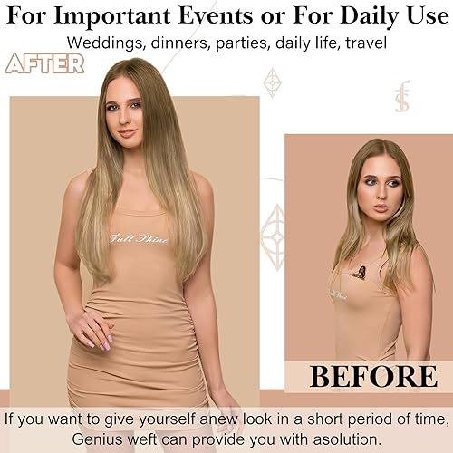 Miniatura 5 de Full Shine Extensiones de cabello humano de trama invisible de 18 pulgadas, para mujer, atadas a mano, cosidas, 1.76 onzas, rubio, para coser,
