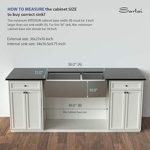 Miniatura 4 de Sarlai - Fregadero de acero inoxidable 36 con doble tazón, 36 pulgadas, delantal de fregadero de granja frontal, doble tazón, acero inoxidable 6040,