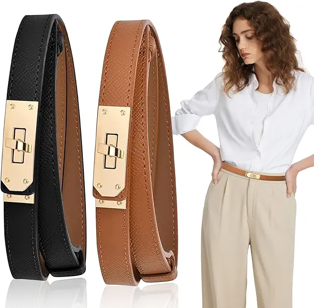 Dames Leren Riem: 2 Stuks Dunne, Ajusteerbare Vrouwenriem in Zwart en Bruin