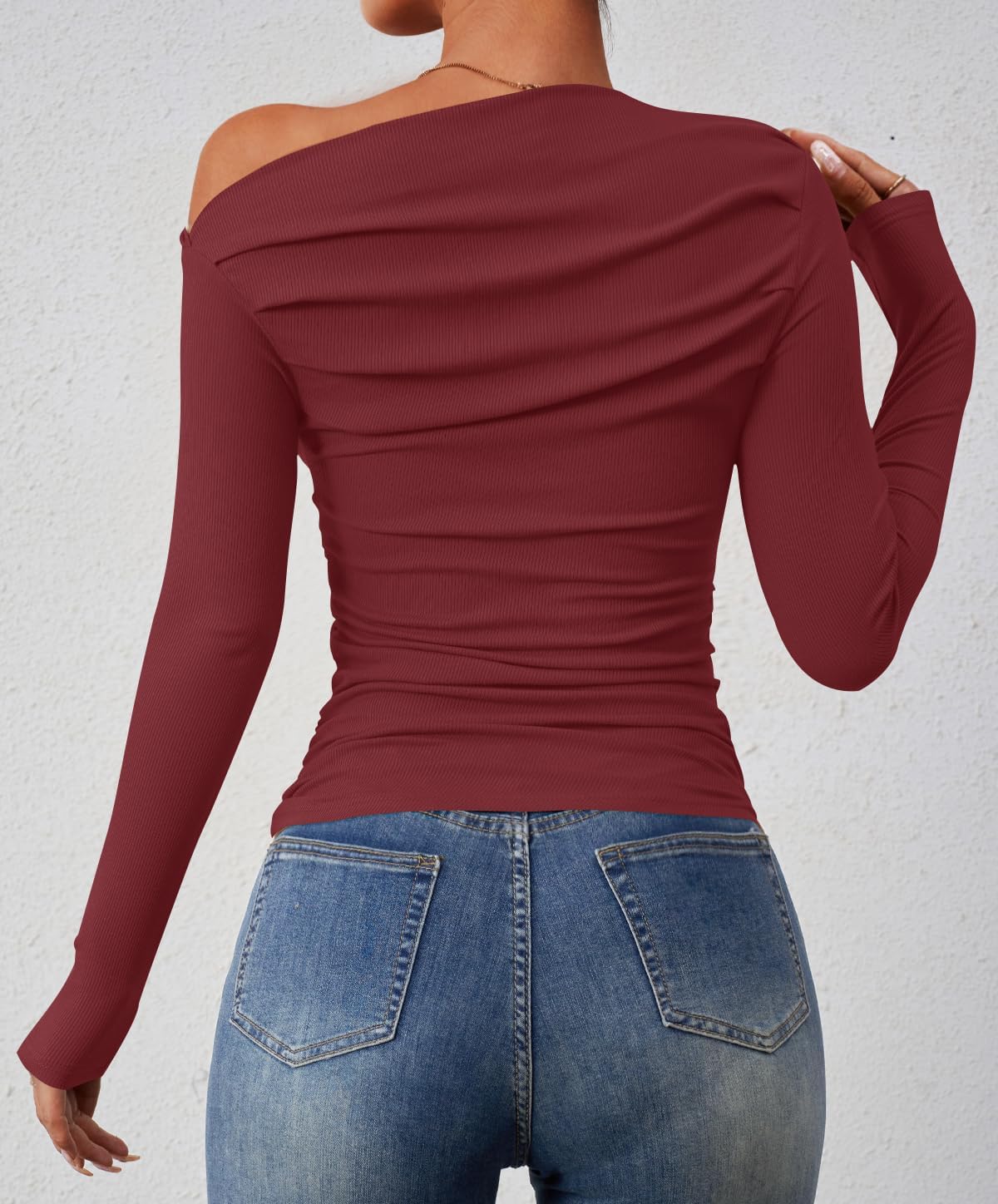 ZESICA Womens Off Shoulder Long Sleeve Tops 2026 Spring Casual Boat Neck Ruched Slim Fit Going Out Y2k Shirts Blouses - Image 4