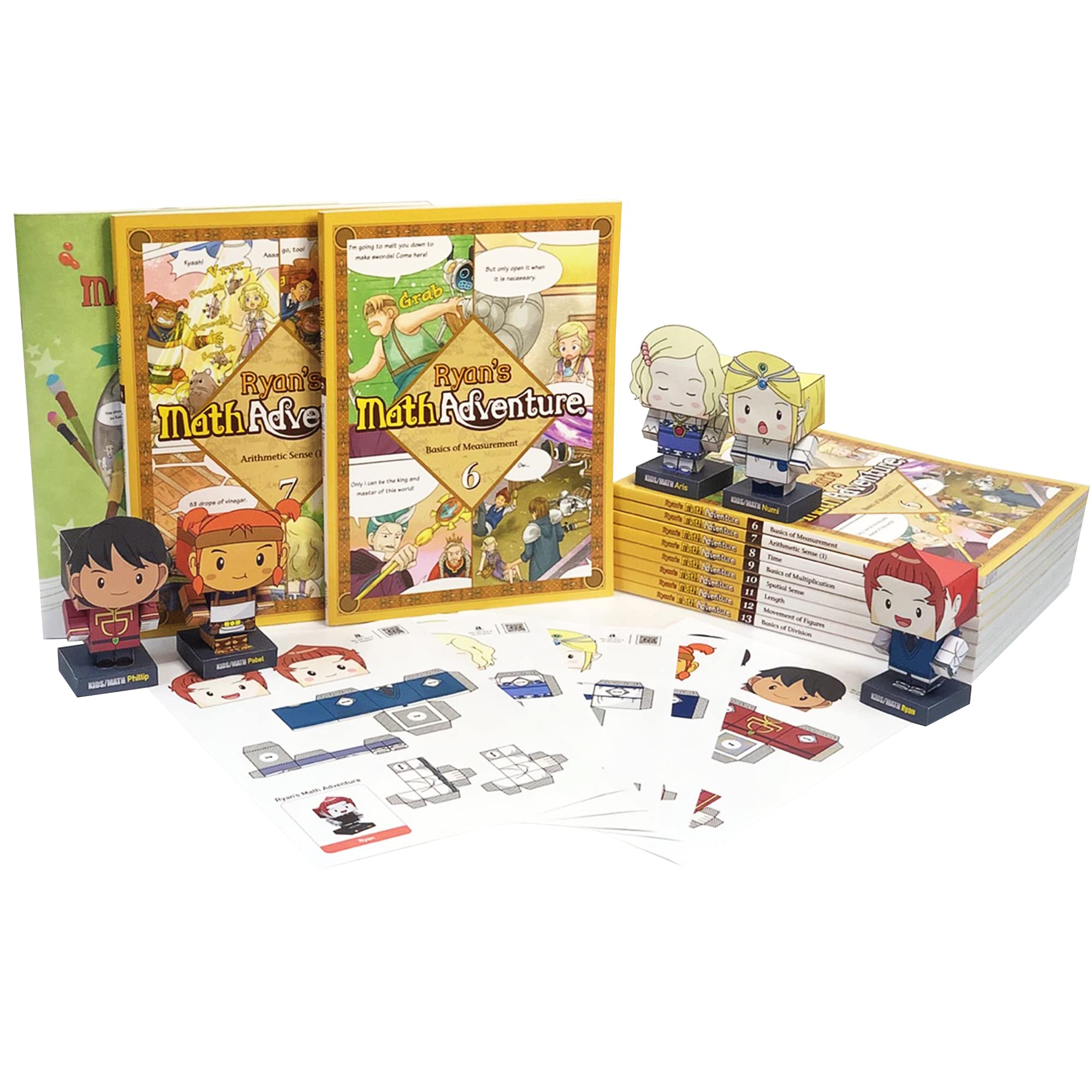 Ryan's Math Learning Kit | 8 Math Comics on Workbooks(Book6 to Book13) | 5 Character's Paper Crafts | Addition & Subtraction & Movement of Figures to Basics of Division | 6 years Grade 1 2