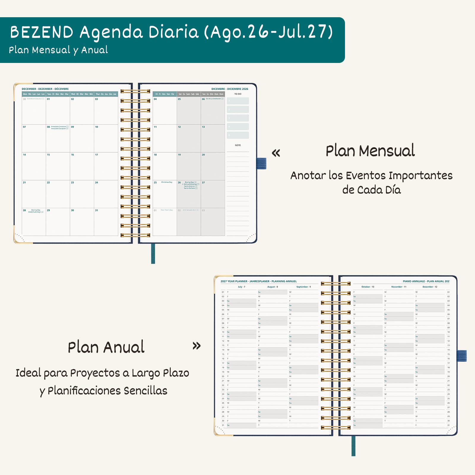BEZEND Agenda Escolar 2026 2027 Día por Página A5 Espiral, 12 Meses de Ago.26 a Jul.27, Agenda Diaria 15,5 x 21 cm, Dia Vista con Intervalos de 30 minutos, Tapa Dura en Cuero PU - Rosa
