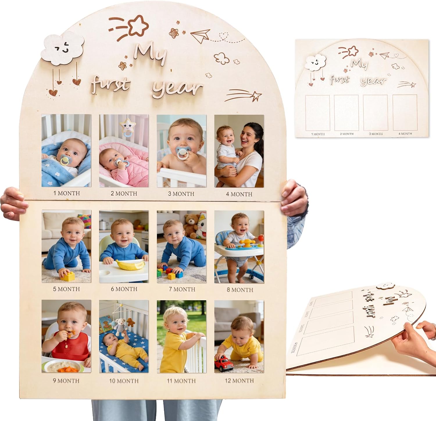 Large Foldable My First Year Photo Board, 33 x 22 Inch Wooden My First Year Photo Frame, First Year Photo Board for 12 Monthly Baby Pictures, First Birthday Decoration & Newborn Parents Gift (Cloud, 12 Photos)